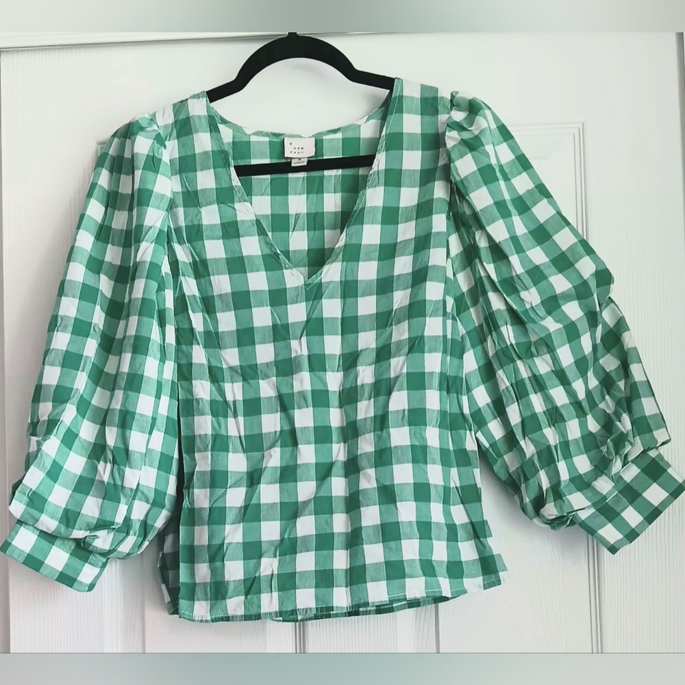 Cottagecore, Garden Girl Emerald Checkered Blouse - Picture 1 of 2